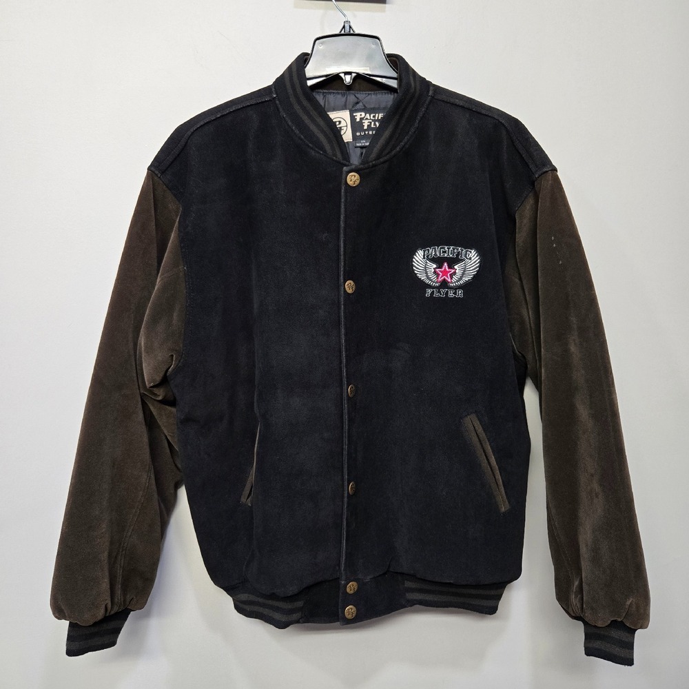 Vintage 90s Pacific Flyer Bomber Jacket Men Big Tall XXL Faux Suede Velvet Vegan